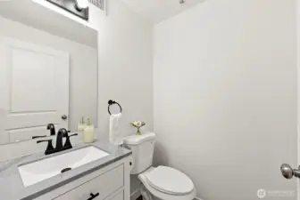 Main Floor Powder Rm - New Quartz Slab Vanity, Toilet, Fixtures, & LVP Floor!