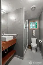 This stylish hall bath was recently udpated.