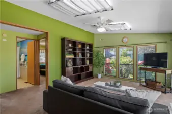 family room with built in shelves