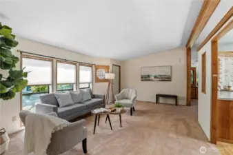 view of living room to front door