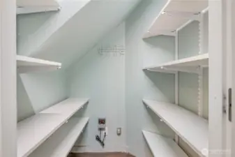A walk-in pantry makes food and appliance storage a breeze.