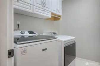 The laundry room is located on the upper level and offers a skylight. The washer and dryer remain with the home.