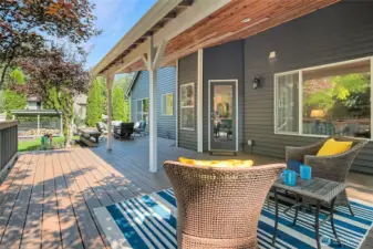 A view of the rear of the home and the low maintanence deck with built-in bench seating.