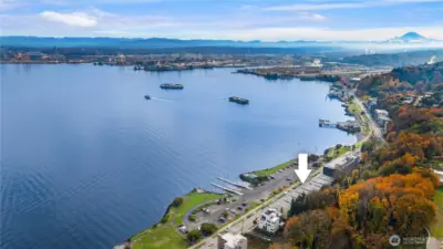 This overhead shot shows how great this location is. The water tax dock is just above the arrow on the right.