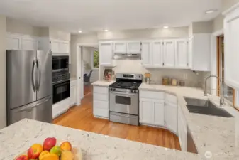 Your kitchen boast new Quartz counters, stainless appliances, tons of storage, seating, and a tranquil forested outlook.