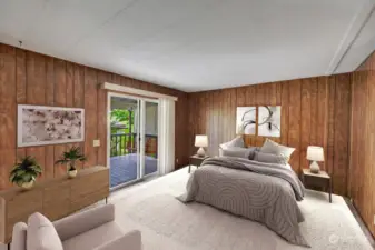 Primary bedroom is HUGE! Room for king size bed and additonal furniture. Walk in closet with shelves and storage. Room for all of his /her clothes, shoes etc. Rare feature is the slider to the private deck area.