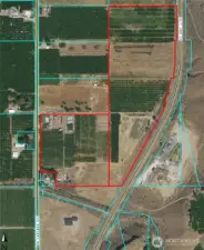 here is the actual title parcel map showing two parcels covering 26.67 acres of AC5 zoned lands.  Currently several acres of fancy cherries and open space for replant or new,  County does allow clustering math and some home sites can be created to improve agri-investment.  Sale includes cherry orchard, ranch house and all outbuildings.   Columbia River water shares abound and city water is at the street!!