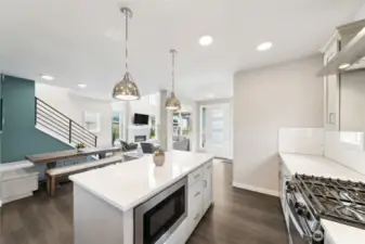View of the dining and great room from the kitchen.