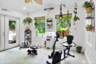 Sunroom with shower. French doors go to hot tub.
