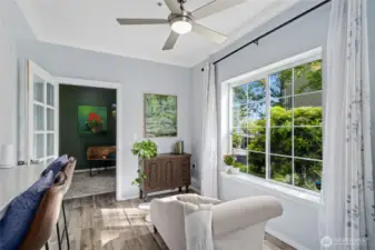 Dining space with ceiling fan