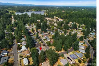 Aerial view of house and Hicks Lake