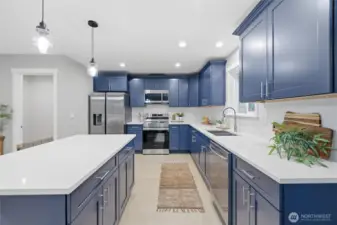 Navy blue cabinets.