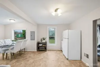 Large kitchen open to dining area