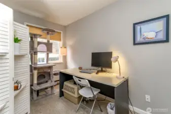 Flexible second bedroom perfect for a home office or guest room, featuring natural light and space for a desk setup.