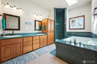 Primary Suite - 2 Sink, Tile Shower & Soaking Tub & Skylight