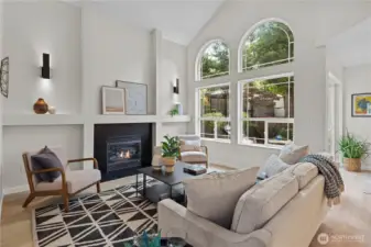 Stunning Cathedral ceilings and arched windows greet you.