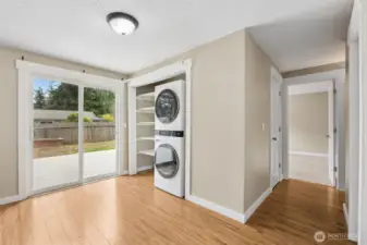 Pantry and washer and dryer. Sliding glass door that leads to outside.