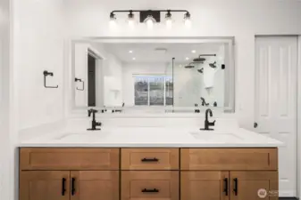 Primary double sinks with touchscreen defogging mirror