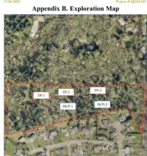 Geotech exploration map showing Test Pits & Dynamic Core Penetrometer tests