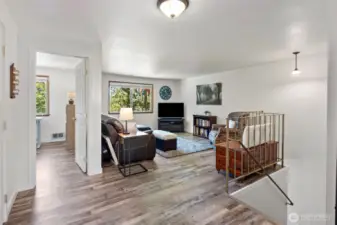 Family room with a partial view of the bay.