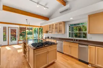 The kitchen has been fully remodeled with granite counters, custom cabinetry, island with gas cooktop, and double oven. Notice the ductless heat pump here that supplements the forced air furnace and provides ample cooling.