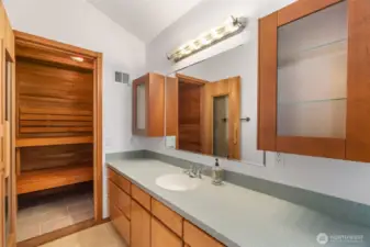 The hall bathroom includes it's own sauna!