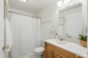 Full bath downstairs fresh new flooring and paint.