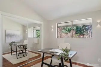 Light filled office or bedroom with extra storage loft