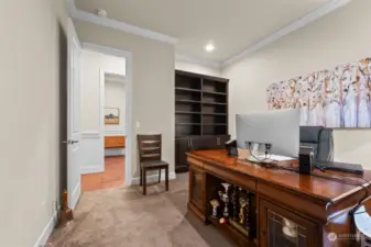 Another view of the downstairs guest bedroom showcasing dark, custom-built shelving, offering both style and ample storage.