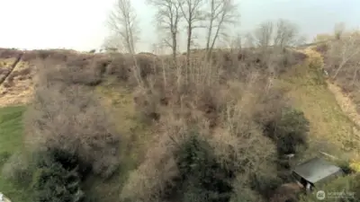 Aerial view of waterfront with cottage in right front corner.