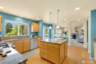 Open kitchen/ casual dining + den w/ fireplace