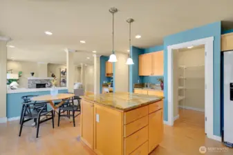 Open kitchen/ casual dining + den w/ fireplace