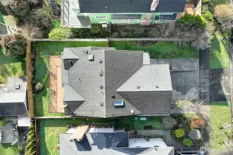 Aerial showing nearly 5000 square foot lot with fenced rear yard, great for pets.