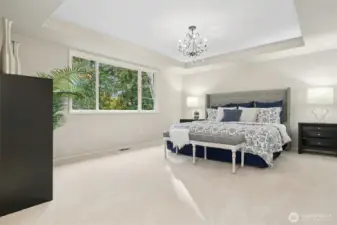 Luxurious primary suite with elegant recessed tray ceiling.