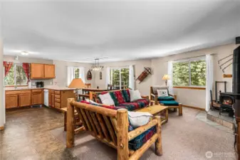 Open concept with kitchen, dining & living room