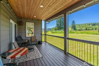 Back, finished with low maintenance Trex deck & covered with natural tongue & groove, fitted with ambience & can lighting that auto dim for energy efficiency and turn on with motion for nighttime ease. Slider to great room and second slider to dining room. This deck is much larger than the photo portrays.