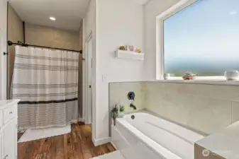 Obscured window, separate tub w/tile surround, tiled in, oversized shower and walk-in closet.