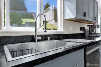 Sink with views to backyard