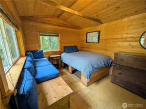 Fully insulated cabin with pine interior. built in bed and bench with storage.