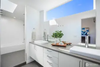 Wet room with bathtub and toilet is separate.