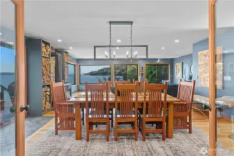 Main floor dining room with panoramic views of Mount Rainier and Puget Sound.