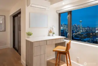 Built in desk with heat system under table top for coziness