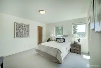 Spacious Primary Bedroom with access to large deck. Territorial views, southern light, private outlook.