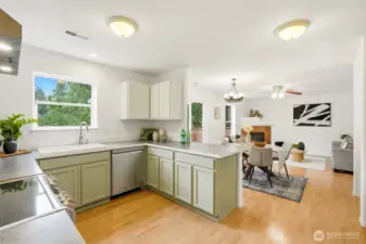 Open flow to dining and living spaces for easy entertaining