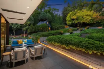 Recessed heaters, lighting and speakers for music above the outdoor seating area off the kitchen/living areas