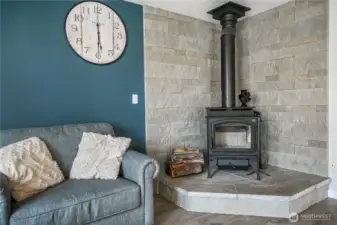 Woodstove with beautiful stone surround