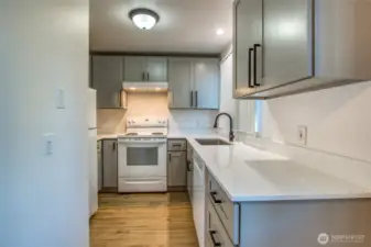 The kitchen has been remodeled with new cabinetry, plumbing hardware, and quartz countertops.