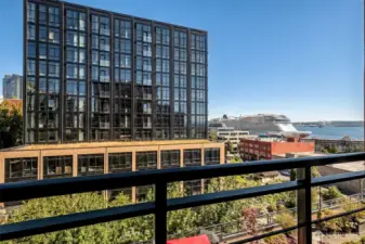 Southwest facing balcony with captivating views of Elliott Bay and a docked cruise ship, your front-row seat to the waterfront’s daily show.