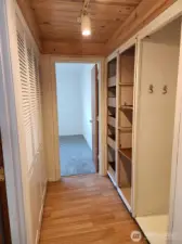 Storage shelves in the hallway.