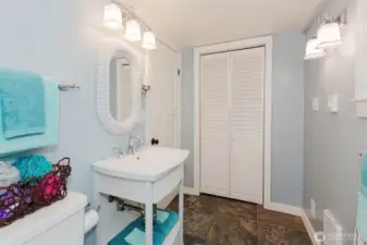 Bathroom wih full linen closet, set up for vacation rentals